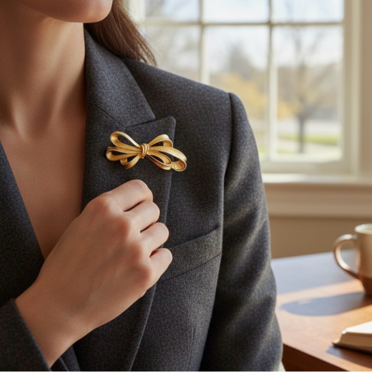 Vintage Phister 1986 Gold Tone Bow Brooch Textured Ribbon Statement Pin